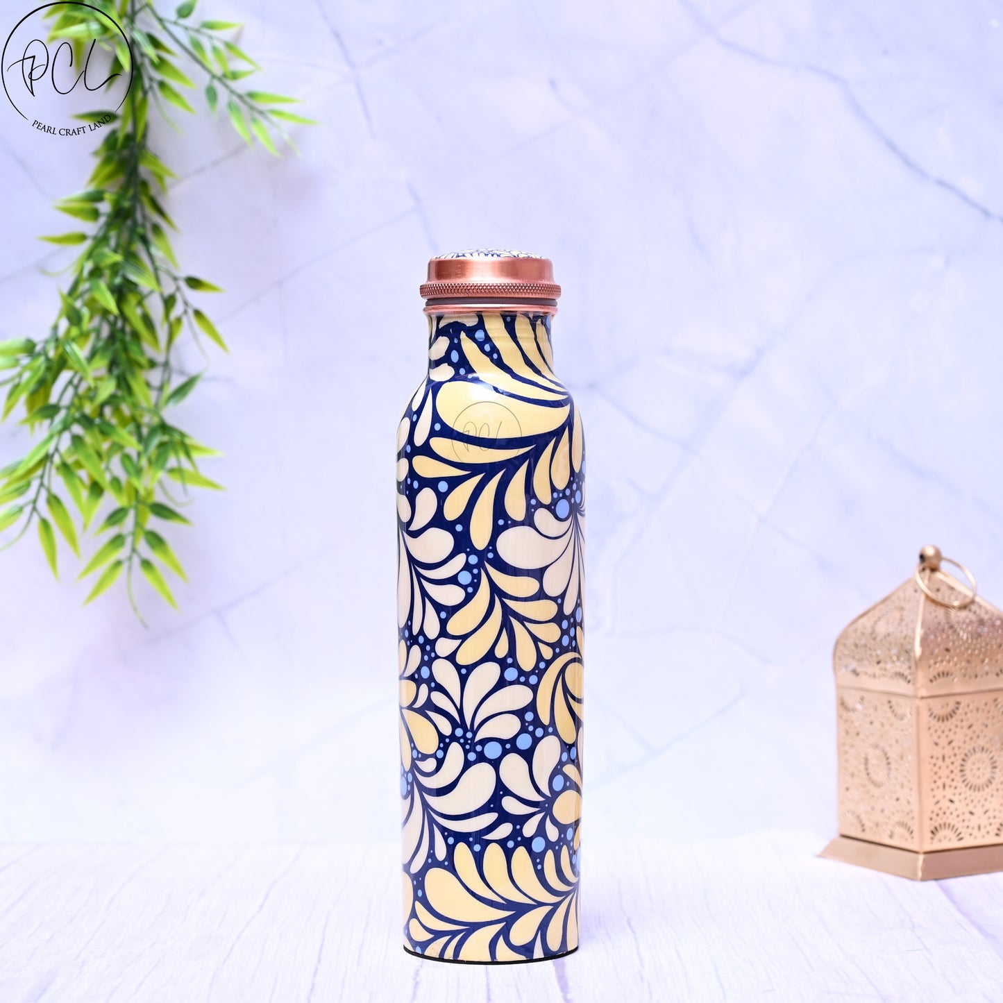Pure Copper Blue & Ivory Design Printed Water Bottle with Leak Proof Capacity 1000 ML.