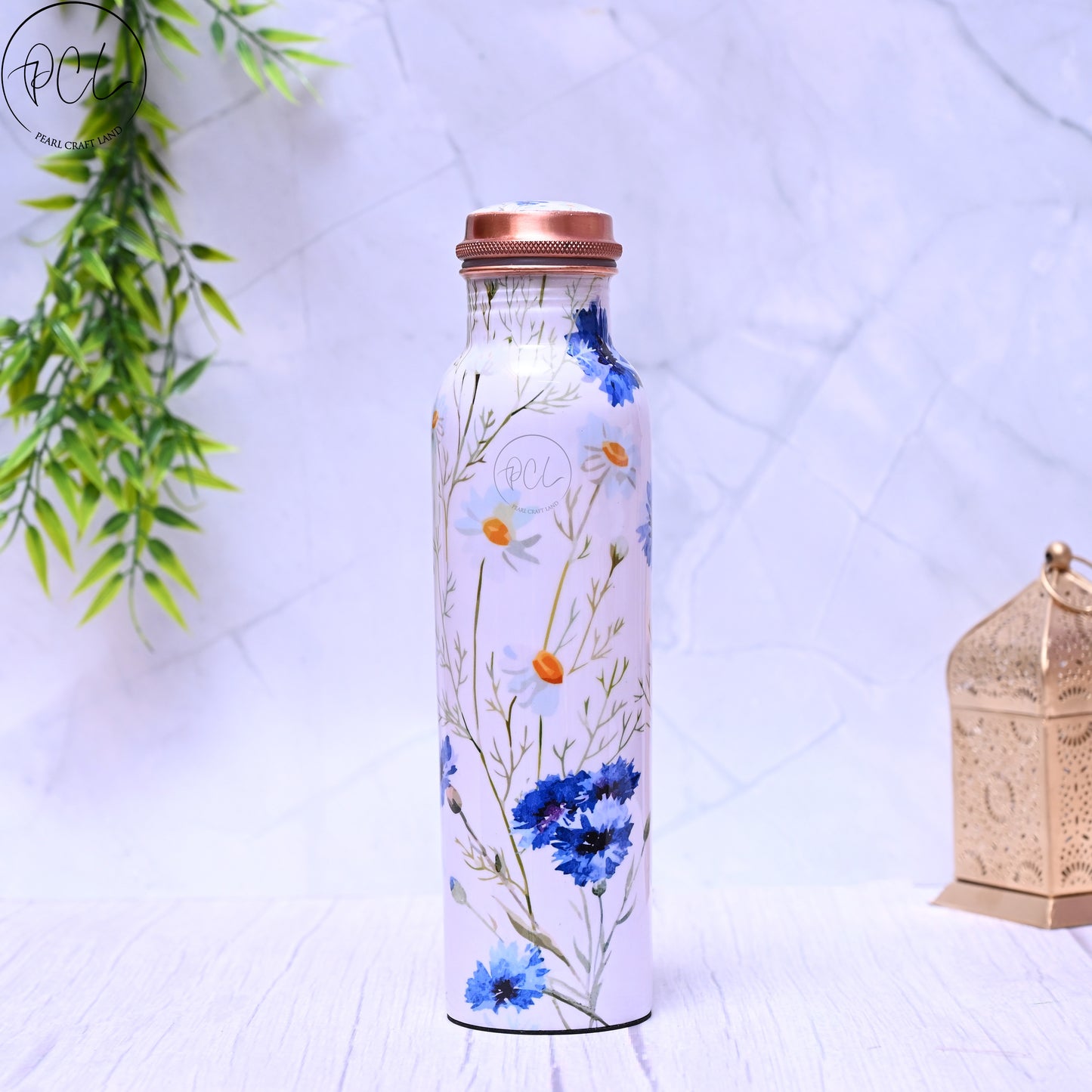 Pure Copper Blue Flower Printed Water Bottle with Leak Proof Capacity 1000 ML.