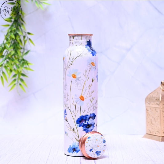 Pure Copper Blue Flower Printed Water Bottle with Leak Proof Capacity 1000 ML.