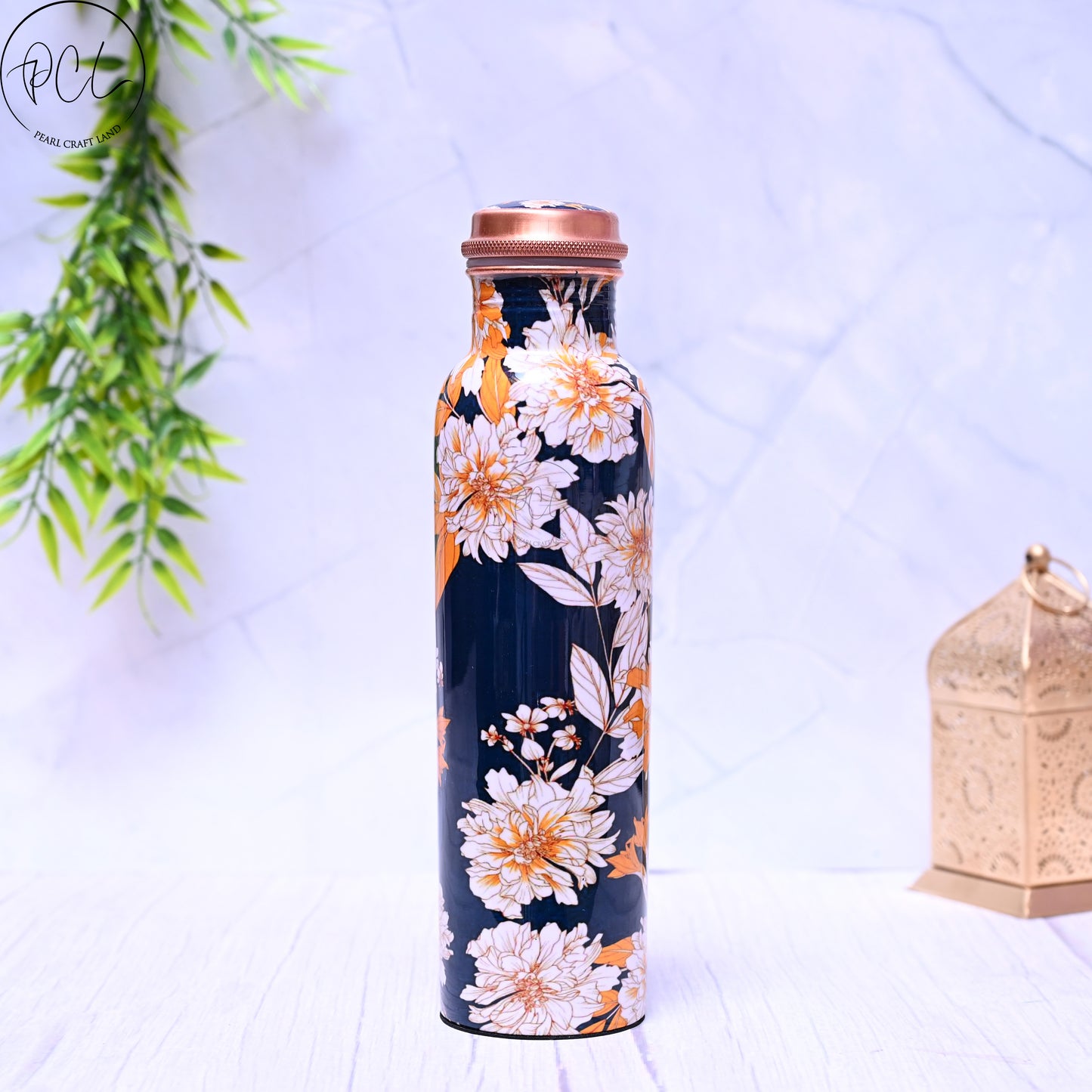 Pure Copper White Lily Water Bottle with Leak Proof Capacity 1000 ML.