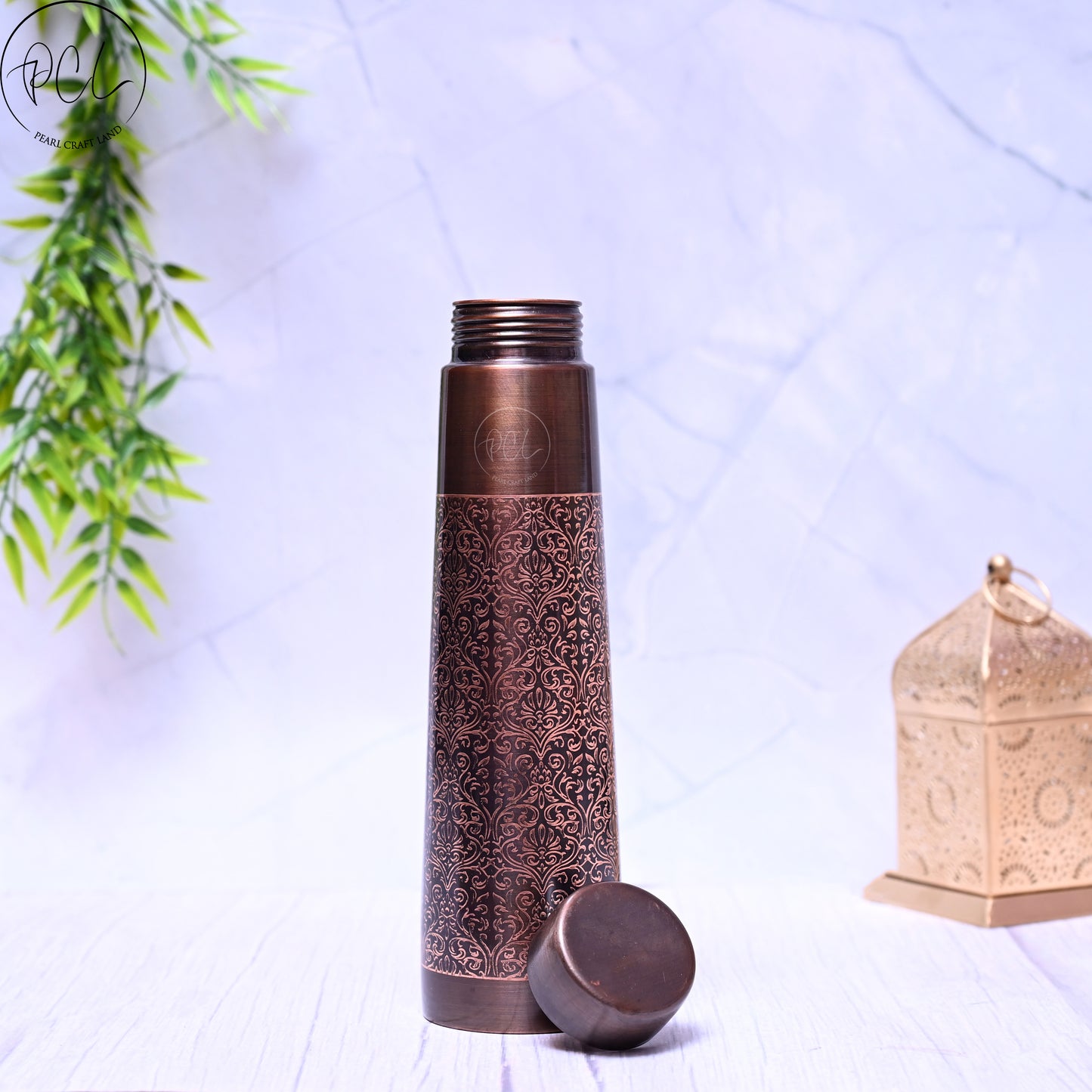 Pure Copper Tower Antique Engraved Water Bottle with Leak Proof Capacity 1000 ML.