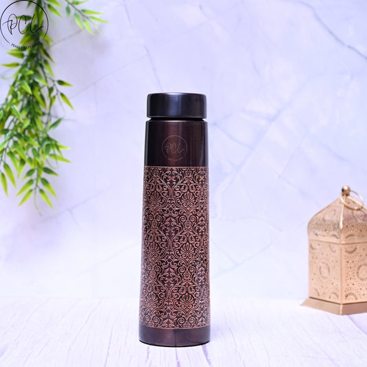 Pure Copper Taper Antique Engraved Water Bottle with Leak Proof Capacity 1000 ML.