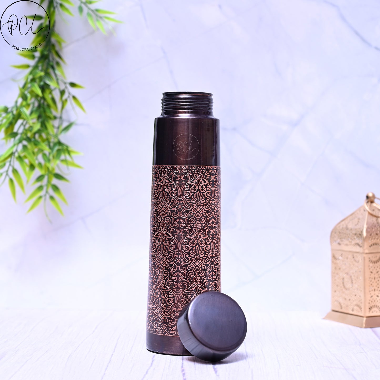Pure Copper Taper Antique Engraved Water Bottle with Leak Proof Capacity 1000 ML.