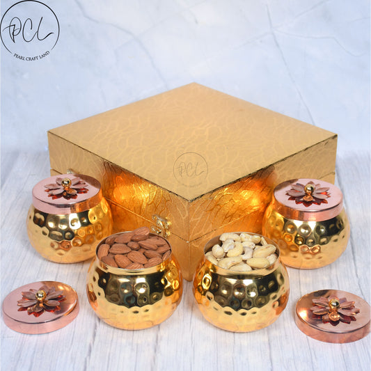 Exclusive Golden Hammered Dry-Fruit Pot with Gifting Box Set of 4