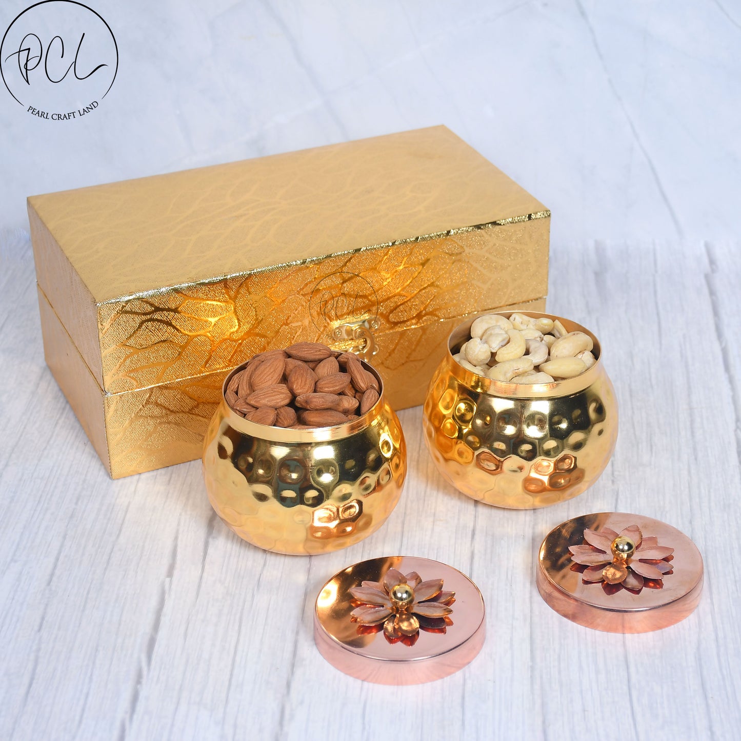 Exclusive Golden Hammered Dry-Fruit Pot with Gifting Box Set of 2