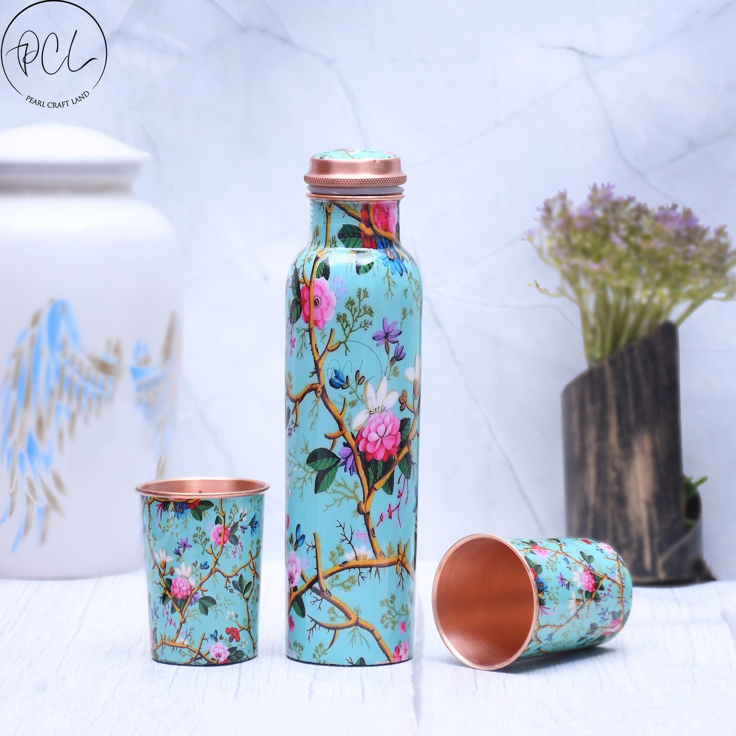 Exclusive Pink Rose Designed Pure Copper Bottle with 2 Glasses Set of 3 Capacity 1450 ML