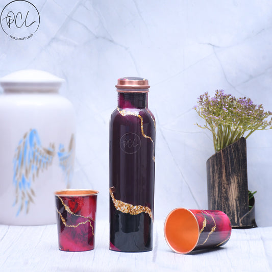 Exclusive Black Designed Pure Copper Bottle with Golden Stripes with 2 Glass/ Tumbler 1440 ML