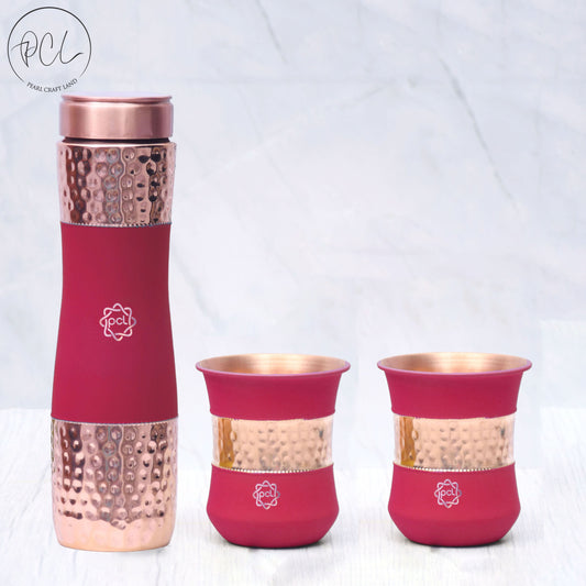 Pure Copper Water Bottle Silk Red Cherry Half Hammered with 2 Dholak Glasses ( Set of 3 ) Capacity 1450 ML