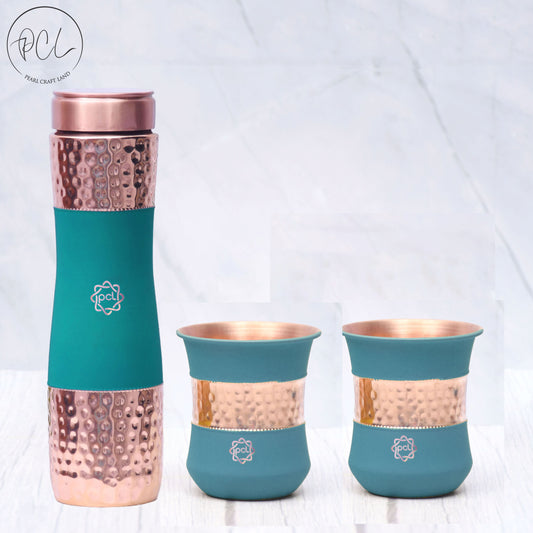 Pure Copper Water Bottle Silk Green Half Hammered with 2 Dholak Glasses ( Set of 3 ) Capacity 1450 ML