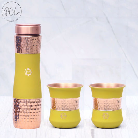 Pure Copper Water Bottle Silk Yellow Half Hammered with 2 Dholak Glasses ( Set of 3 ) Capacity 1450 ML