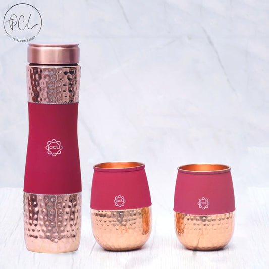 Pure Copper Water Bottle Silk Red Cherry Half Hammered with 2 Glasses ( Set of 3 ) Capacity 1450 ML