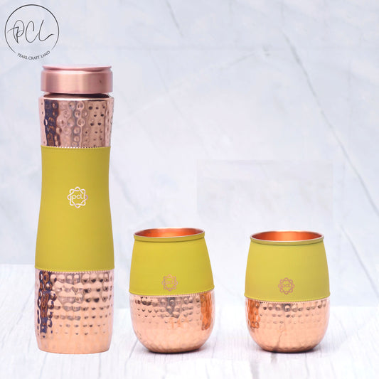 Pure Copper Water Bottle Silk Yellow Half Hammered with 2 Glasses ( Set of 3 ) Capacity 1450 ML