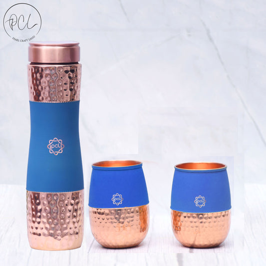 Pure Copper Water Bottle Silk Blue Half Hammered with 2 Glasses ( Set of 3 ) Capacity 1450 ML