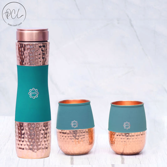 Pure Copper Water Bottle Silk Green Half Hammered with 2 Glasses ( Set of 3 ) Capacity 1450 ML