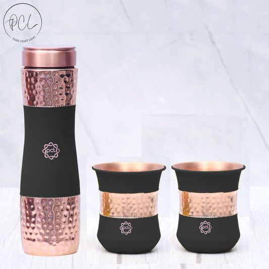 Pure Copper Water Bottle Silk Black Half Hammered with 2 Dholak Glasses ( Set of 3 ) Capacity 1450 ML
