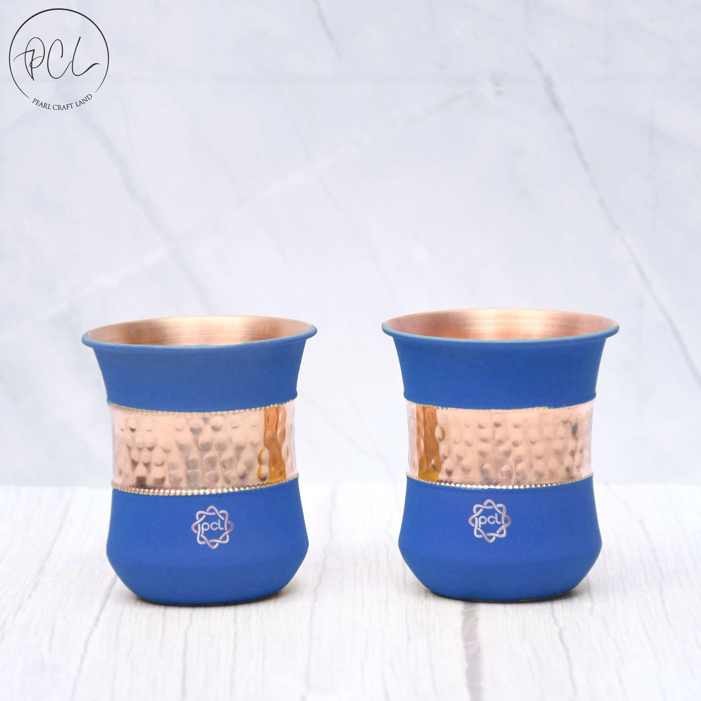 Pure Copper Water Bottle Silk Blue Half Hammered with 2 Dholak Glasses ( Set of 3 ) Capacity 1450 ML