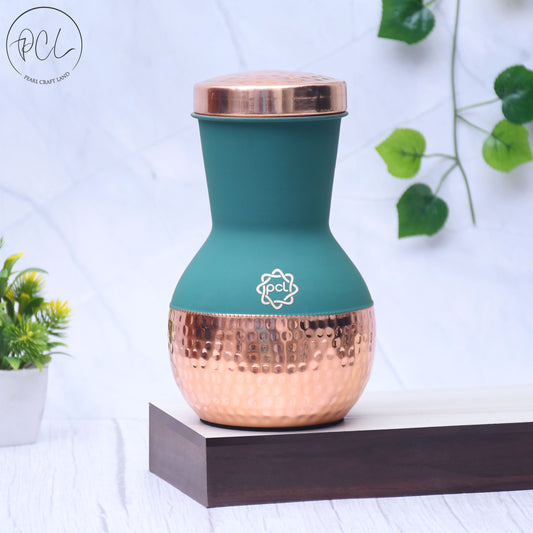 Pure Copper Silk Green Matka Pot with Inbuilt Glass Capacity 1200ML