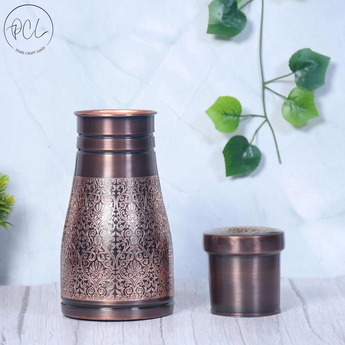 Pure Copper Bedside Jar with Antiqued Black Engraving Inbuilt Glass Capacity 1000ML