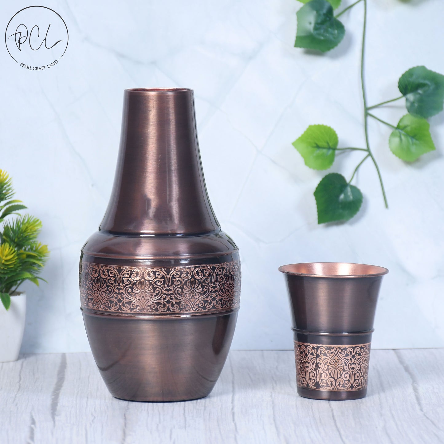 Pure Copper Bedside Venus Jar Antique Engraved with Inbuilt Glass Capacity 1400 ML.