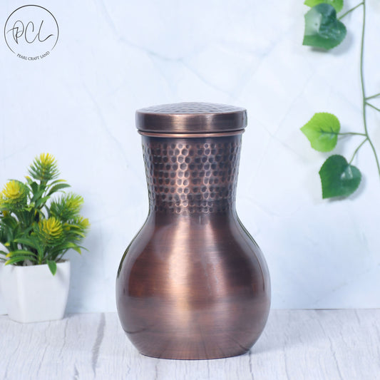 Pure Copper Bedside Damru Jar Antique Hammered with In-Built Glass Capacity 1200ML