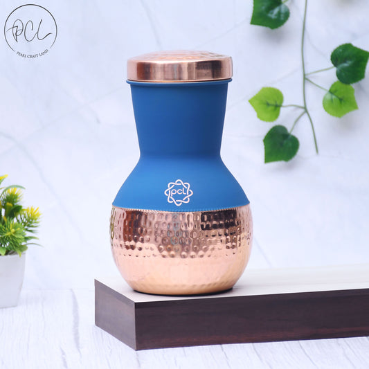 Pure Copper Silk Blue Matka Pot with Inbuilt Glass Capacity 1200ML
