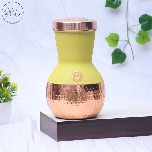 Pure Copper Silk Yellow Matka Pot with Inbuilt Glass Capacity 1200ML