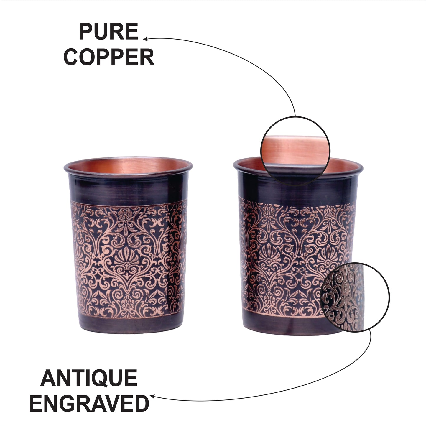 Pure Copper Water Glass Set of 2 Black Antique Engraved Tumbler Capacity 300ML