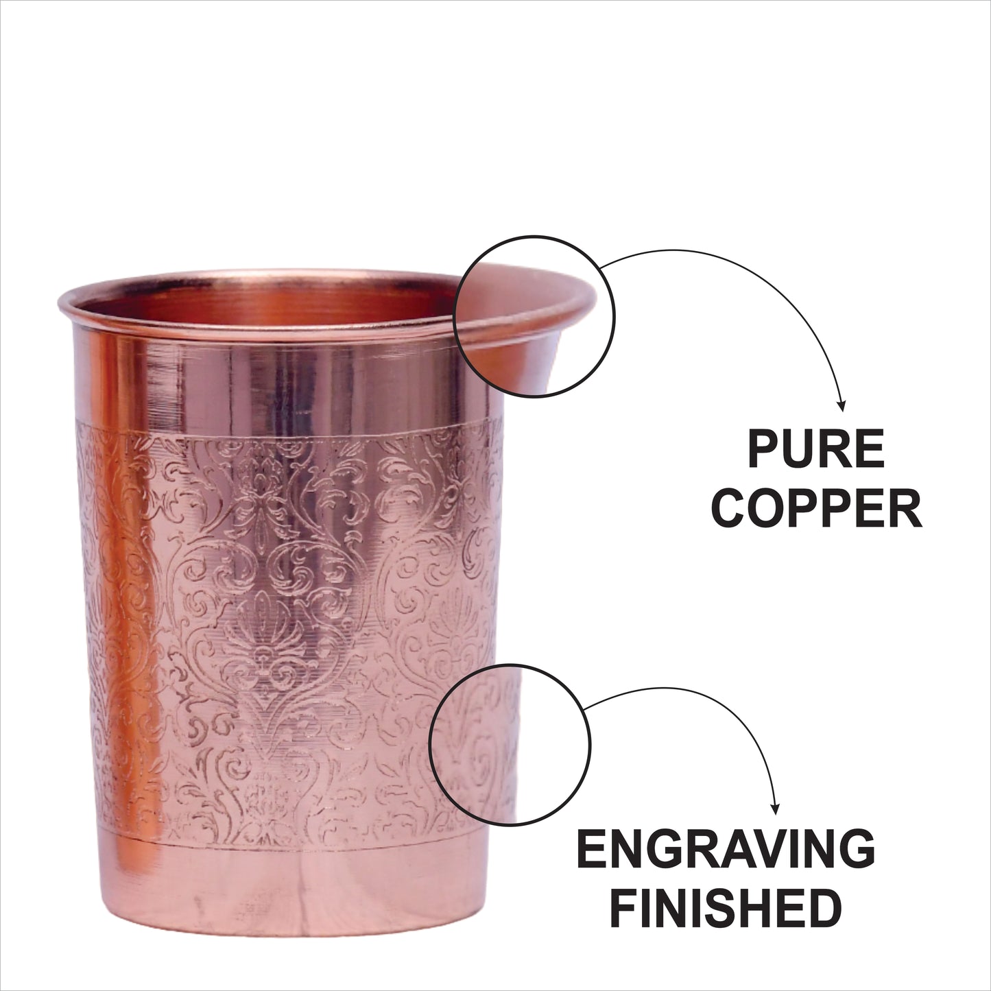 Pure Copper Water Glass Set of 2 Engrave Designed Tumbler Capacity 300ML