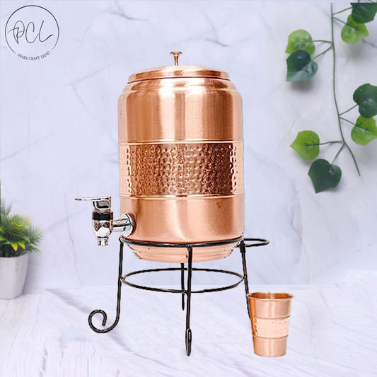 Pure Copper Half Hammered Water Dispenser with Glass and Stand (Matka) Combo 5000ml