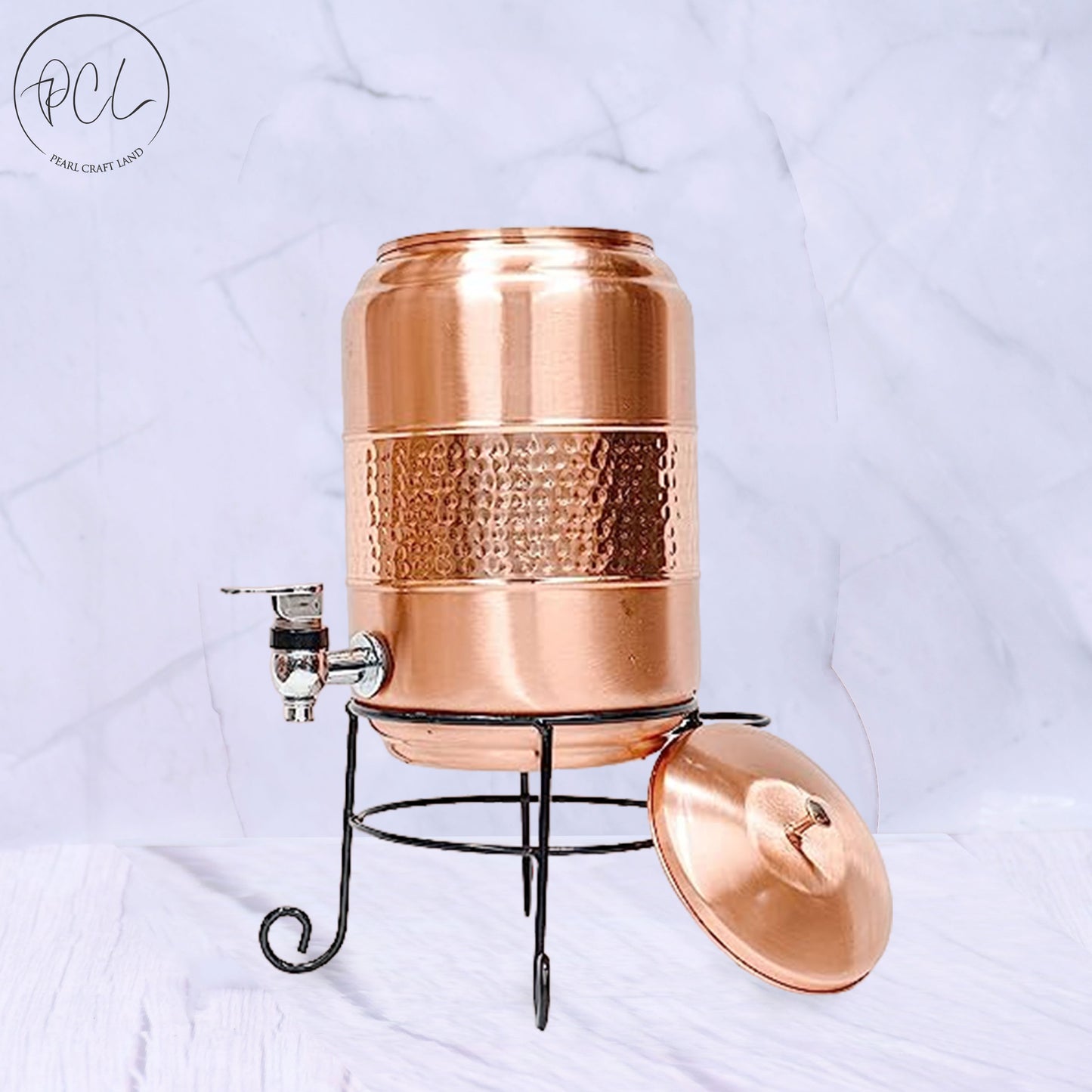 Pure Copper Half Hammered Water Dispenser with Glass and Stand (Matka) Combo 5000ml