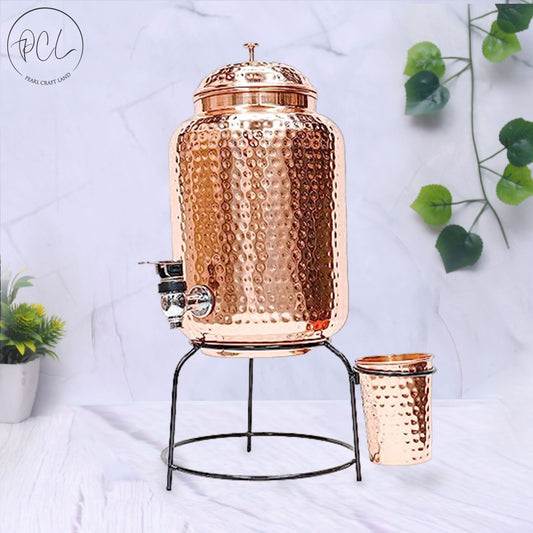 Pure Copper Hammered Water Dispenser with Glass and Stand (Matka) Combo 5000ml