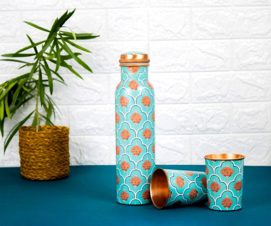 Exclusive Refreshing Green Digital Printed Copper Bottle with 2 Glasses / Tumbler Set of 3 Capacity 1450 ML