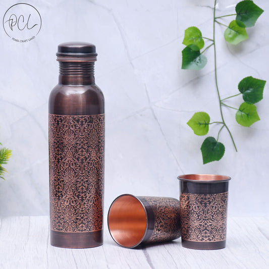 Pure Copper Water Bottle with 2 Glasses Black Antique Engraving Design Capacity 1450 ML