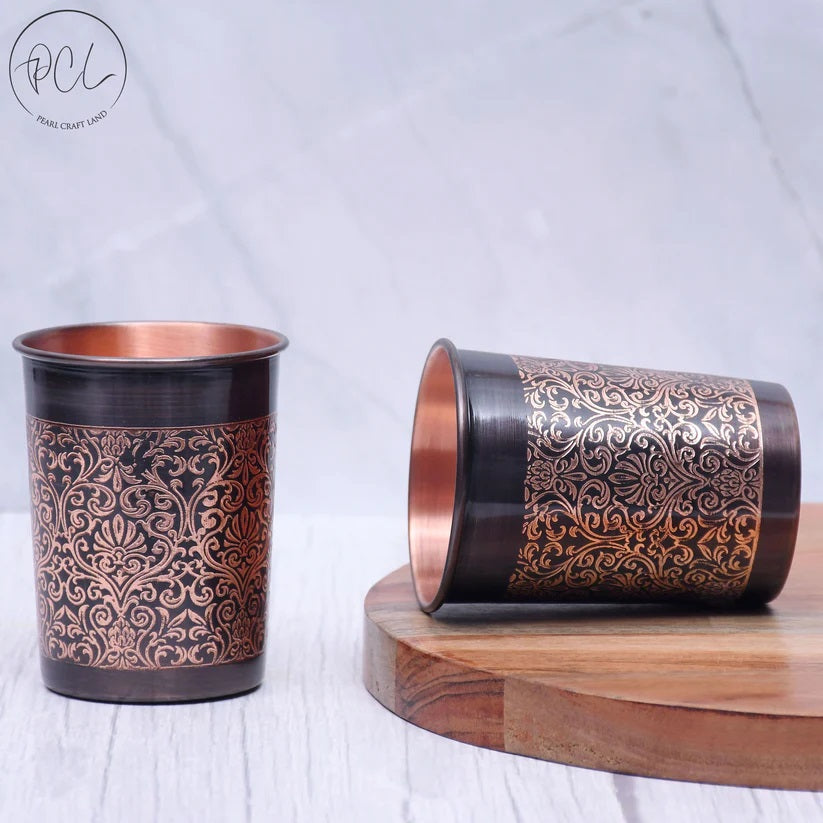 Pure Copper Water Glass Set of 2 Black Antique Engraved Tumbler Capacity 300ML