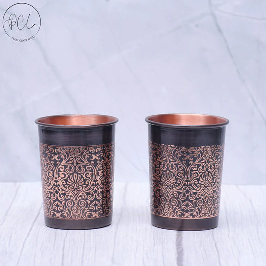 Pure Copper Water Glass Set of 2 Black Antique Engraved Tumbler Capacity 300ML