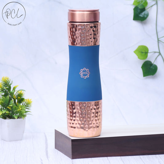 Pure Copper Water Bottle Silk Blue Half Hammered Capacity 1000ml
