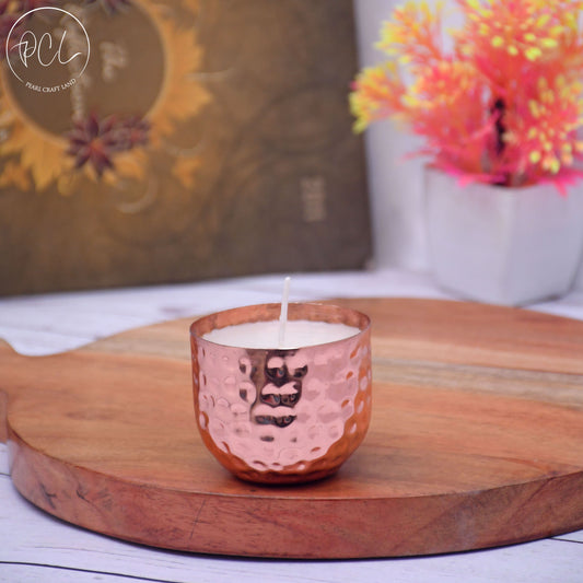 Copper Finish with Tumbler Designed Hammered Votive Metal Pot with Soy Wax Candle French Vanilla