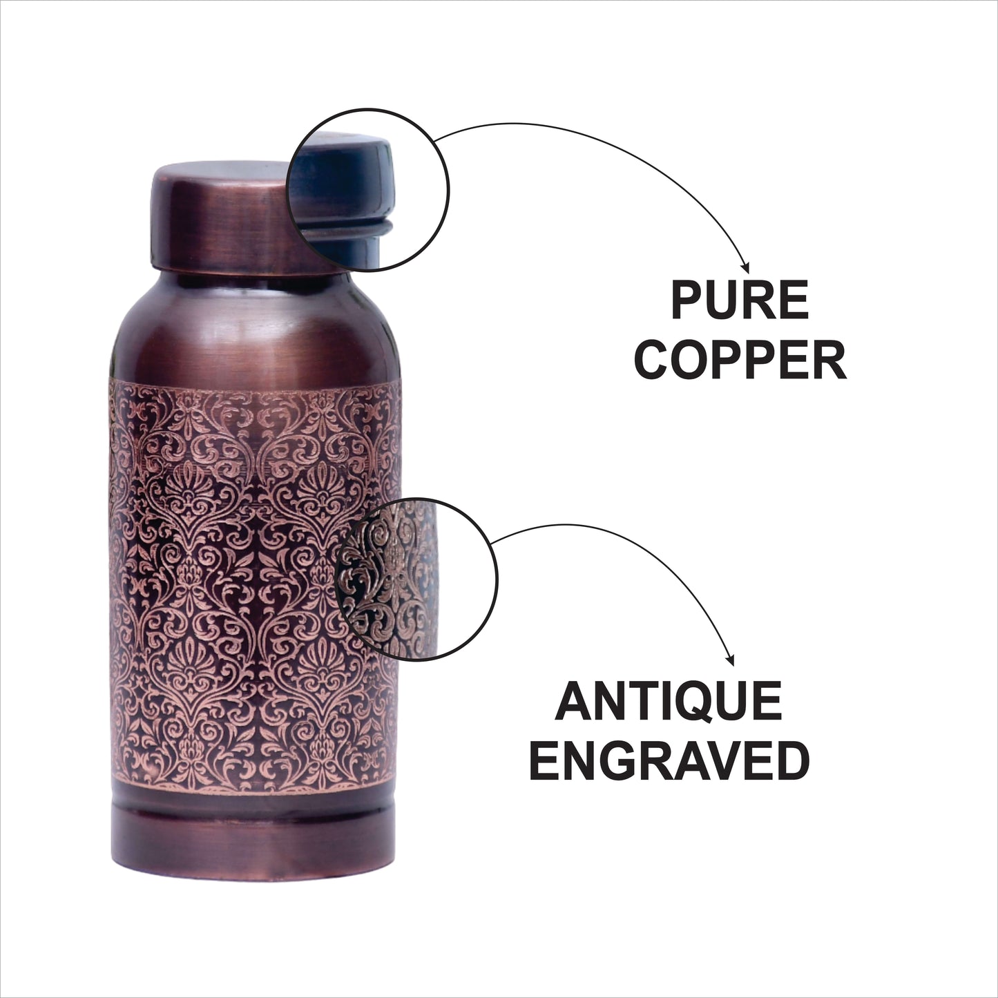 Pure Copper Water Bottle Milton Antique Engraved Design Capacity 500ML (Small)