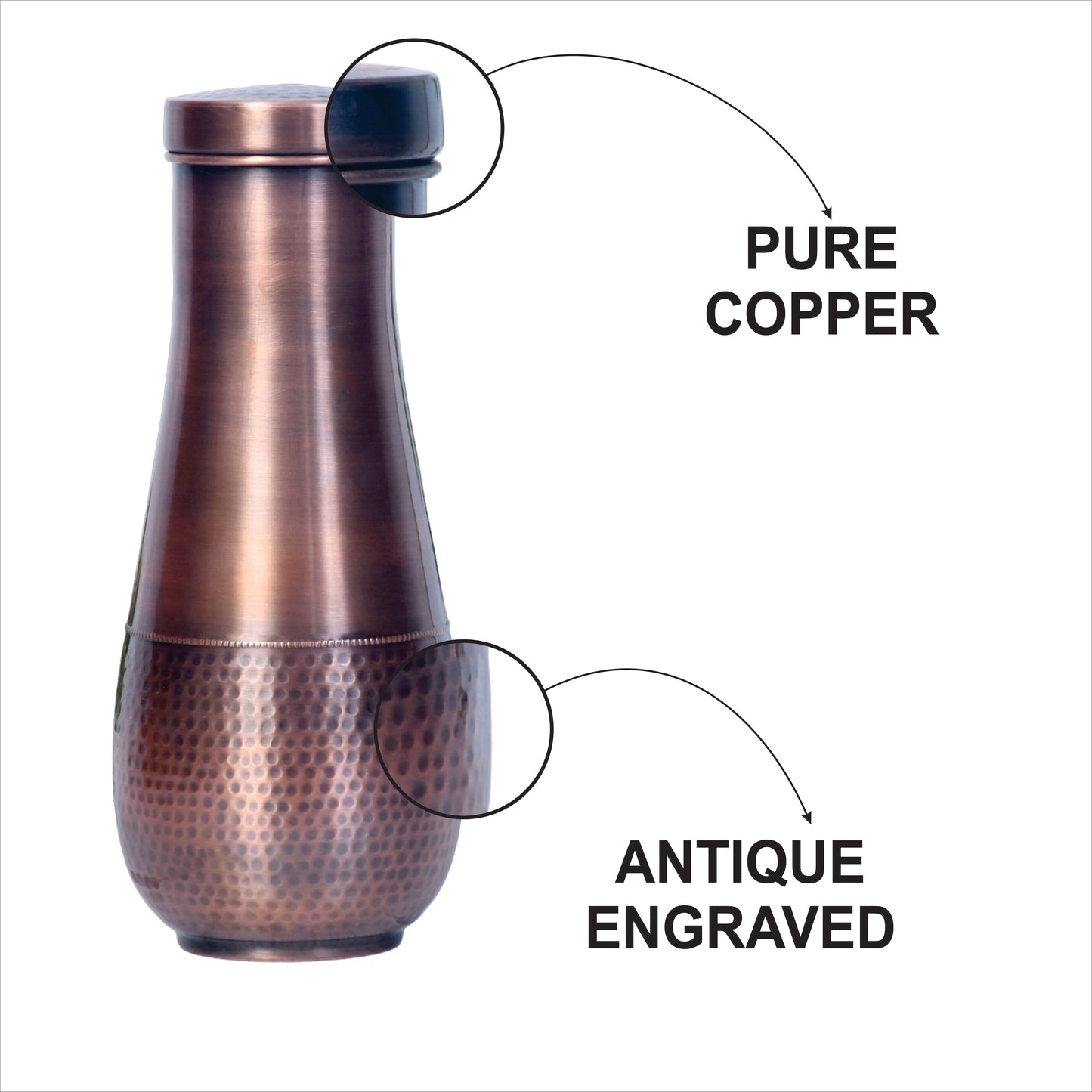 Pure Copper Bedside Tulip Jar Antique Hammered with In-Built Glass with Capacity 1400ML
