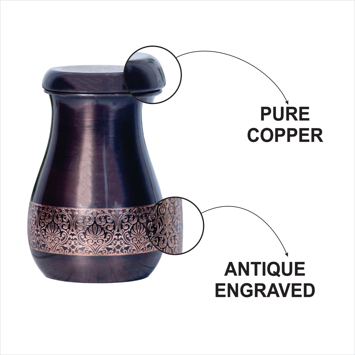 Pure Copper Bedside Jar Rajasthani Rajwadi Antique Etching Jar/Pot Capcity 800ML