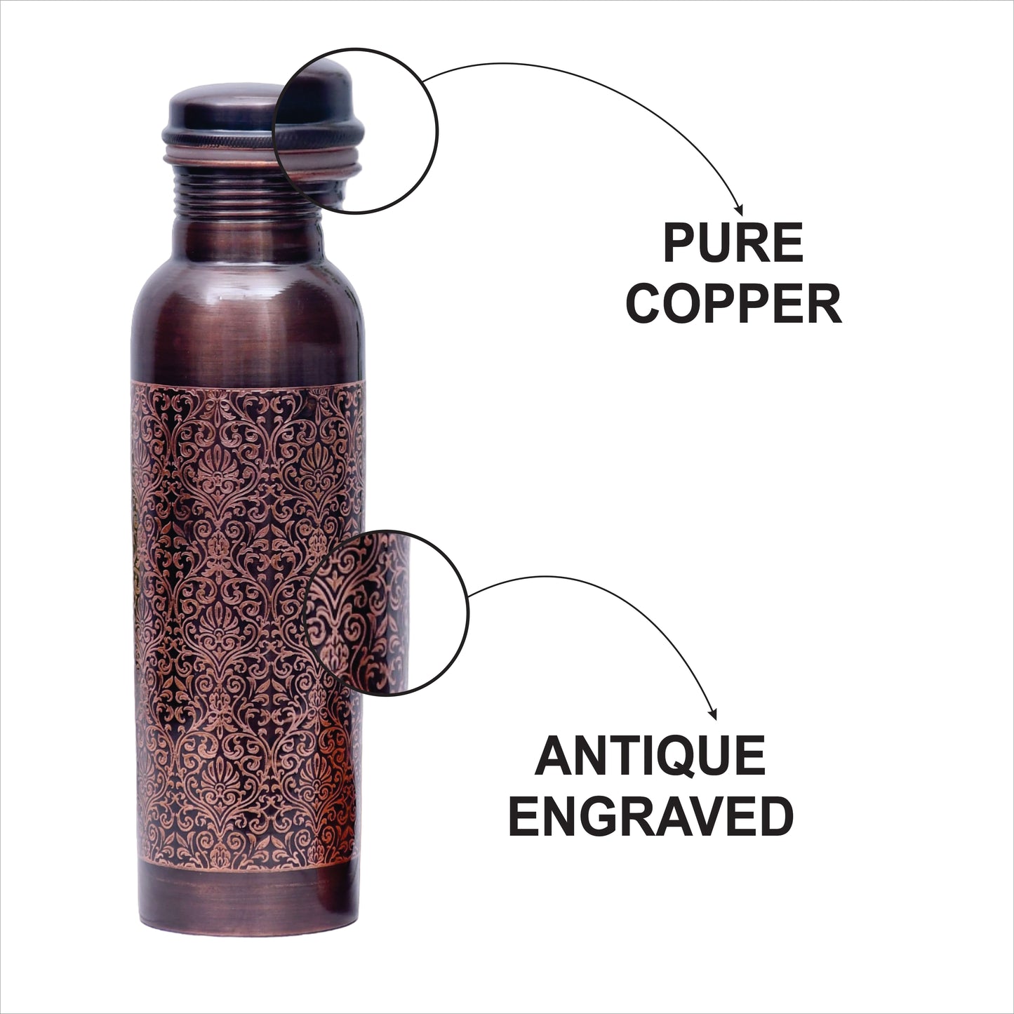 Pure Copper Water Bottle with 2 Glasses Black Antique Engraving Design Capacity 1450 ML