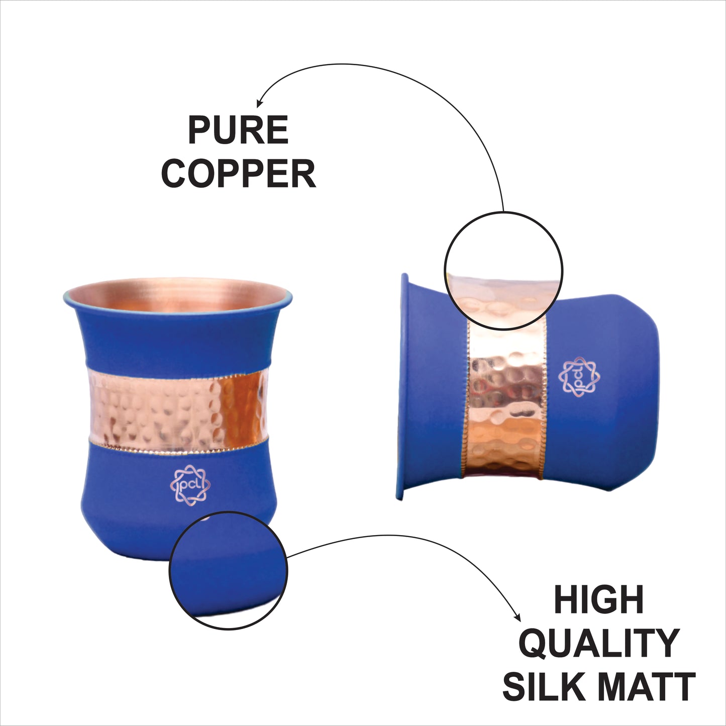 Pure Copper Water Glass Set of 2 Silk Blue Half Hammered Damru Tumbler Capacity 300ML
