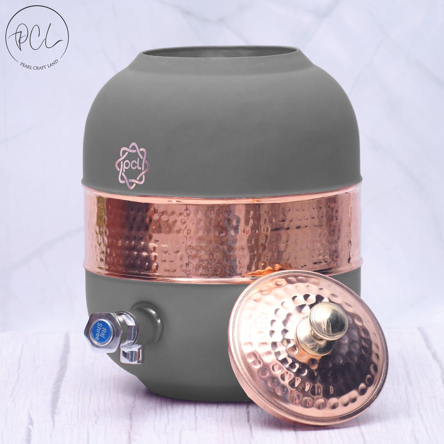 Pure Copper Silk Grey Half Hammered Water Dispenser (Matka) Capacity 5000ML