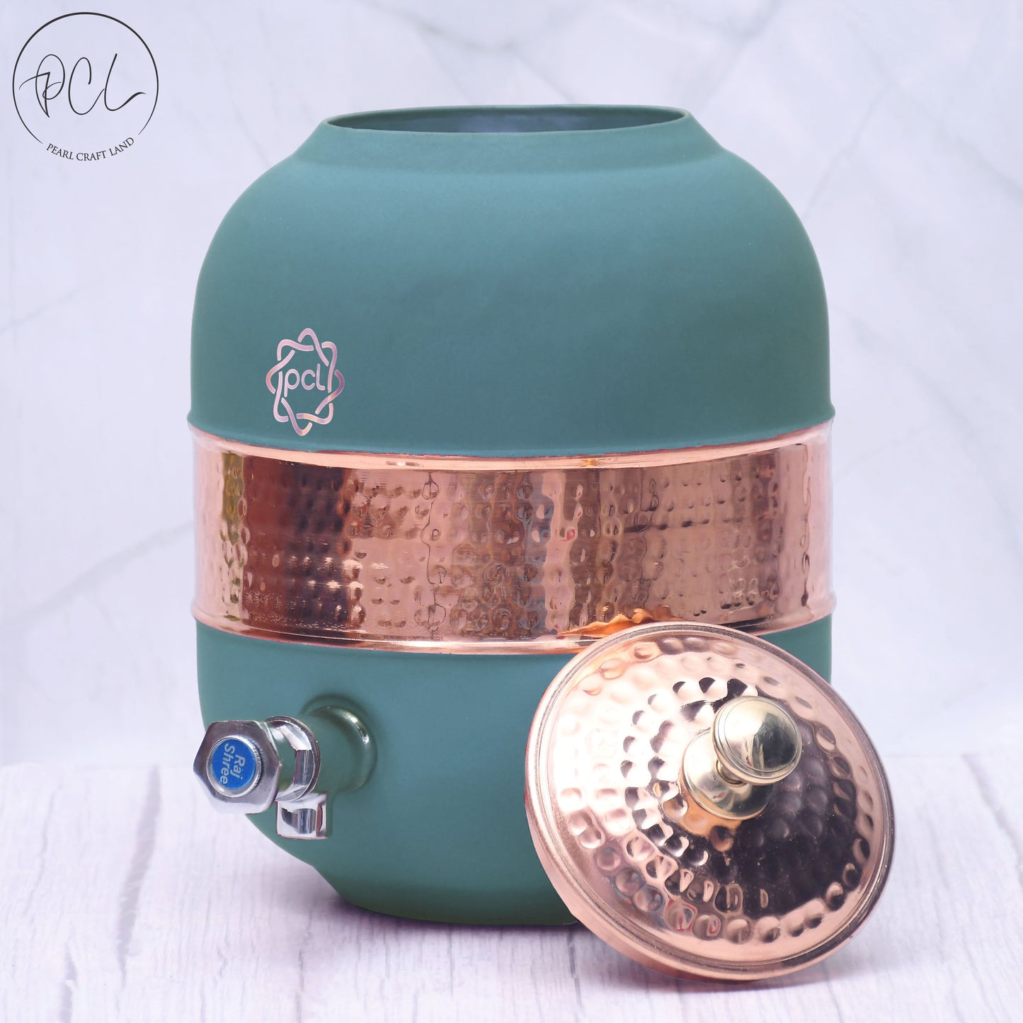Pure Copper Silk Green Half Hammered Water Dispenser (Matka) Capacity 5000ML