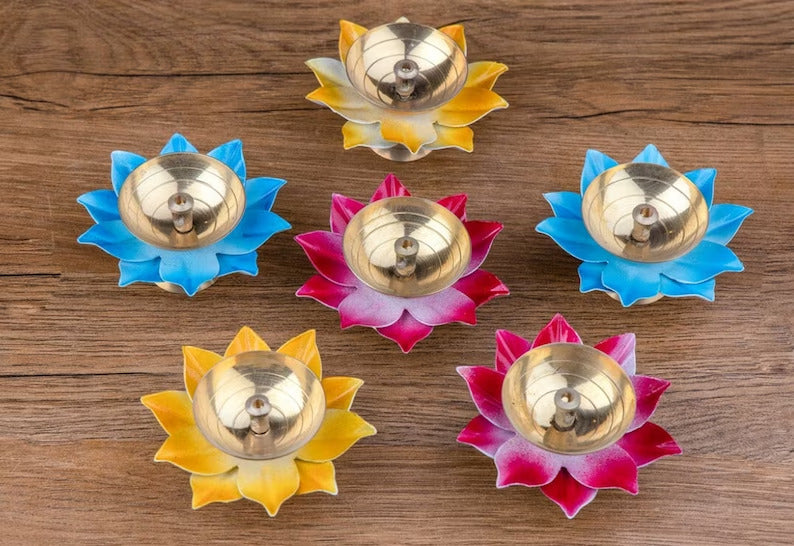 Exclusive Colorful Flower Shaped Brass Metal Diyas Diwali Special Set of 6