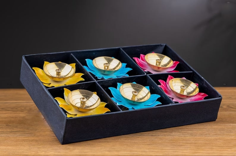 Exclusive Colorful Flower Shaped Brass Metal Diyas Diwali Special Set of 6