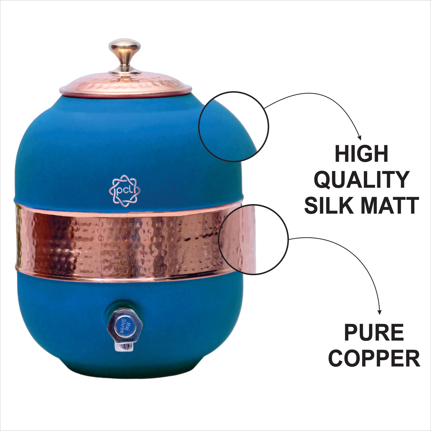Pure Copper Silk Blue Half Hammered Water Dispenser (Matka) Capacity 5000ML