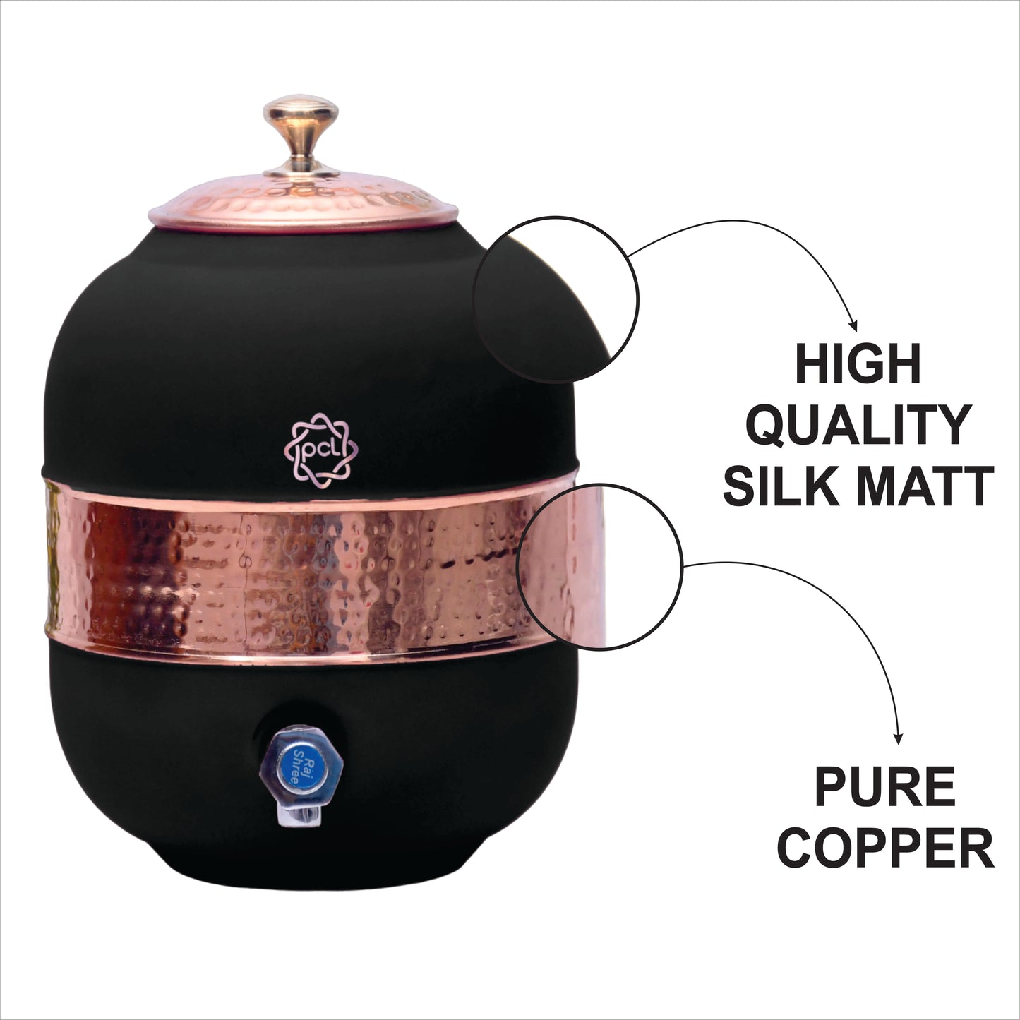 Pure Coppe Silk Black Half Hammered Water Dispenser (Matka) Capacity 5000ML