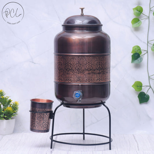 Pure Copper Water Dispenser with Glass and Stand Antique Engraved Designed Combo Capacity 5000 ML.