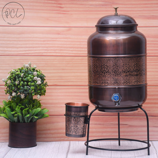 Pure Copper Water Dispenser with Glass and Stand Antique Engraved Designed Combo Capacity 8000 ML.